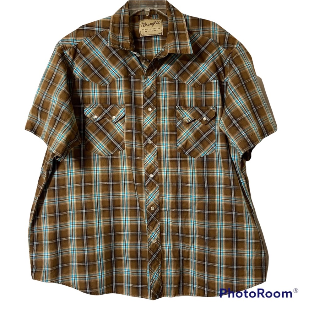 Vintage Wrangler Pearl Snap Button Short Sleeve Plaid Shirt XL? See Photos